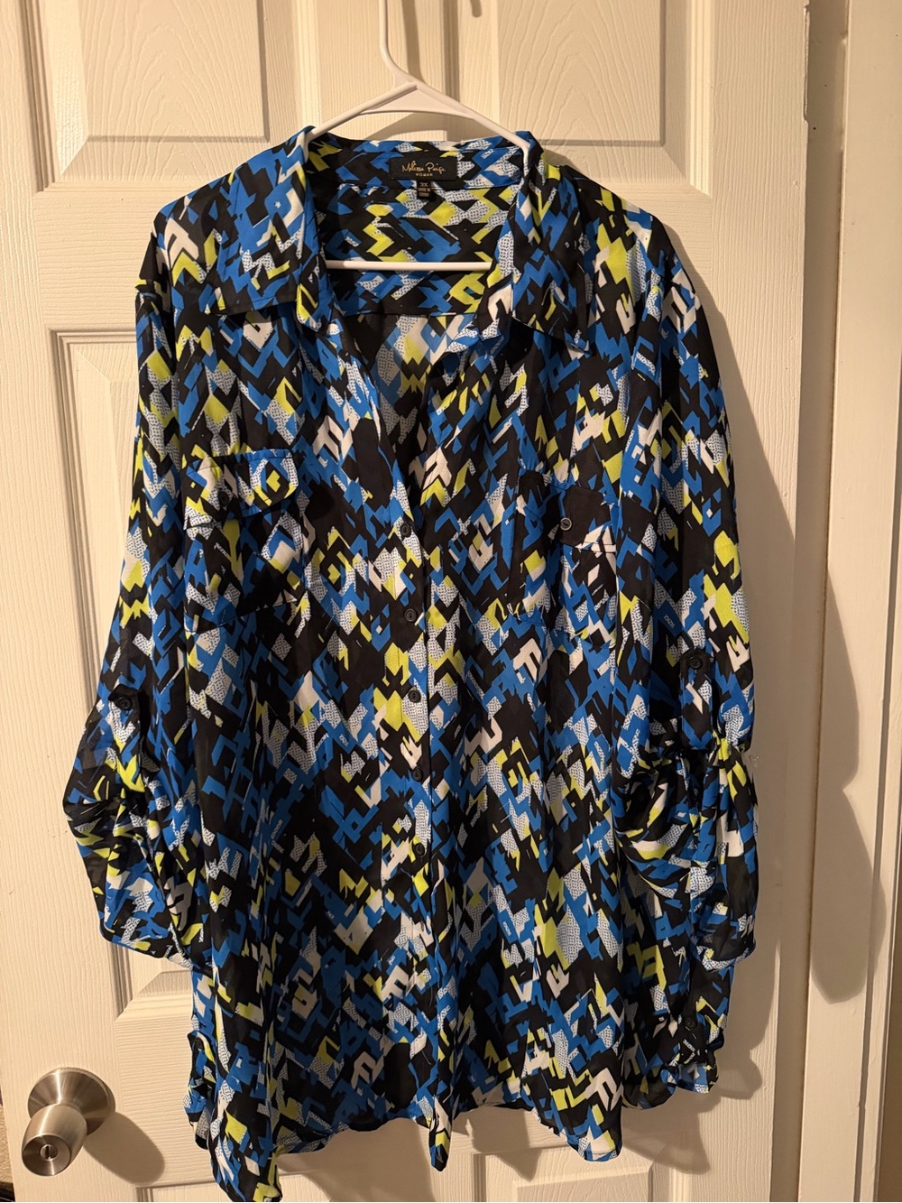 Melissa Paige Blue and Black Geometric Button-Down Shirt with Lime Accents